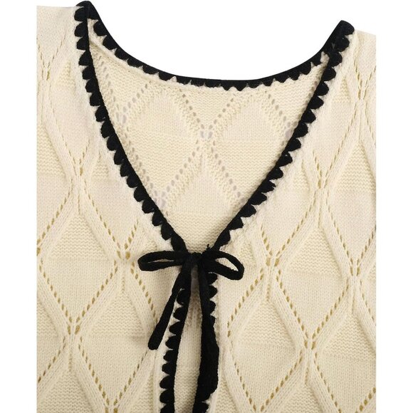 Women's Knit Sweater Vest Acrylic Small V Neck Contrast Binding Tie Front - Picture 4 of 7